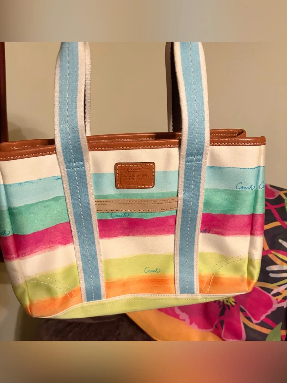 Vintage Coach Hampton Watercolor Striped Canvas Tote Bag